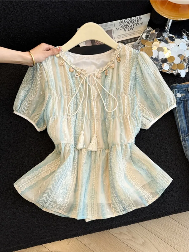 

Богемная вышитая рубашка с коротким рукавом, женская летняя приталенная рубашка с эффектом омоложения, топ с эффектом тай-дай в корейском стиле, свободный крой, круглый вырез горловины