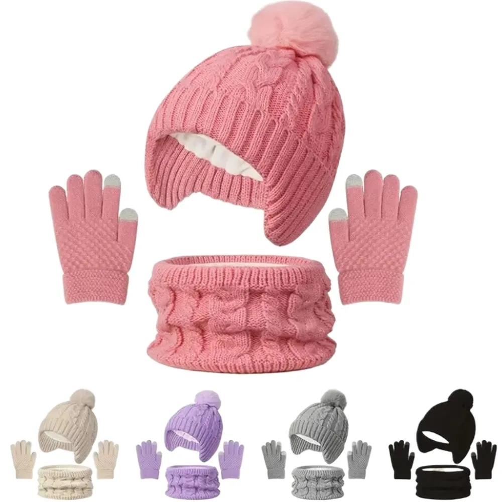 

Solid Color Baby Hat Scarf Gloves Set Cute Pompom Warm Ears Toddler Knitted Hats Thickened with Velvet Hat Set