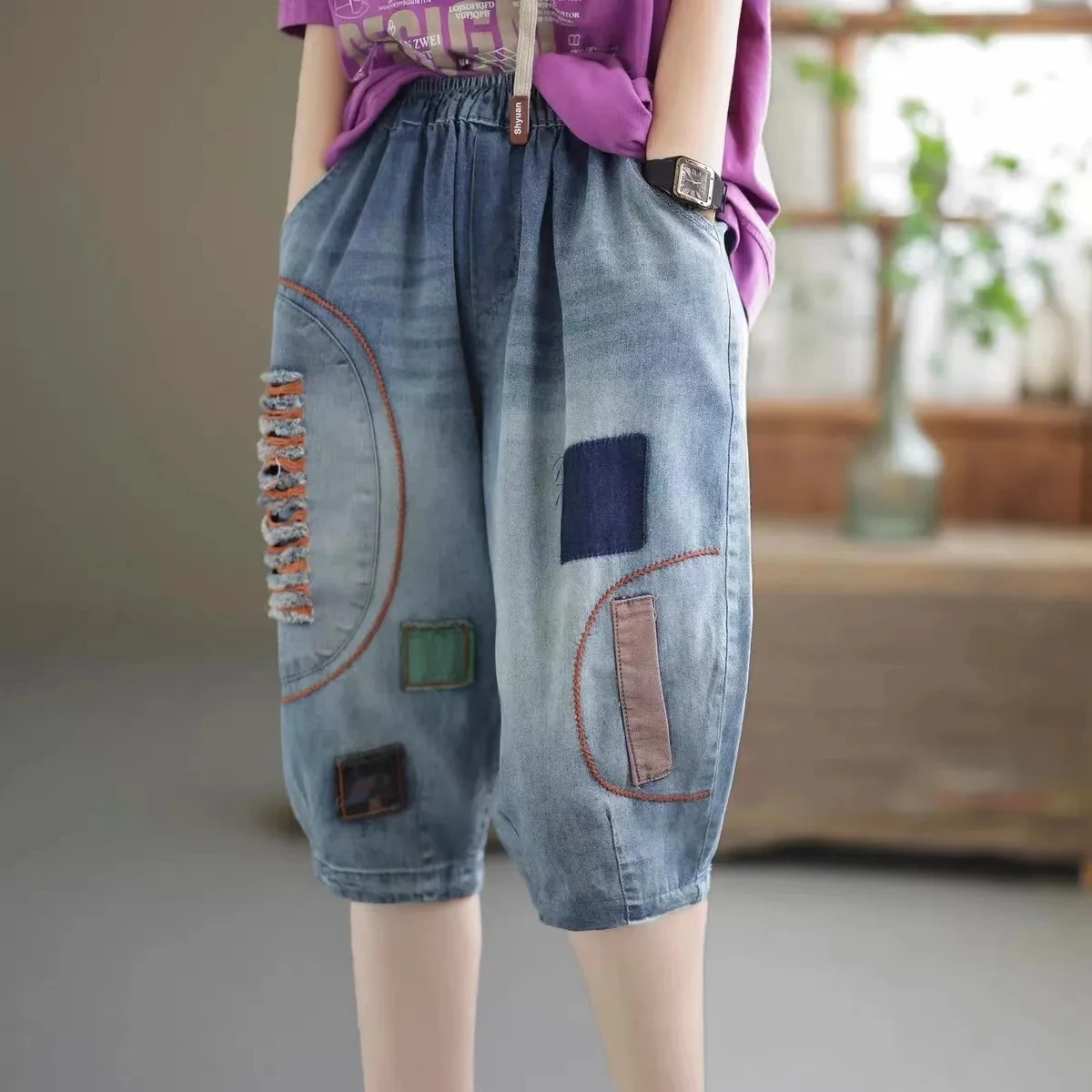 2025 New Summer High waist Denim Shorts for Women Artistic Casual Loose Thin Piercing Splicing Patchwork five Split pants Female
