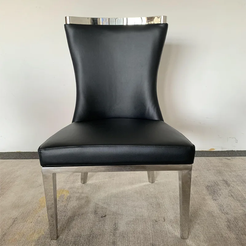 

Modern light luxury stainless steel crown top restaurant dining chair seat cushion black leather high back