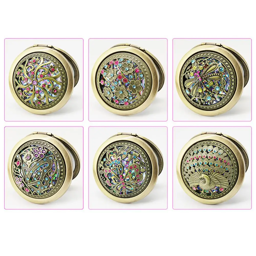 Round Makeup Mirror Mini Gift Vintage Hollow Flower Folding Pocket Double-sided Gift