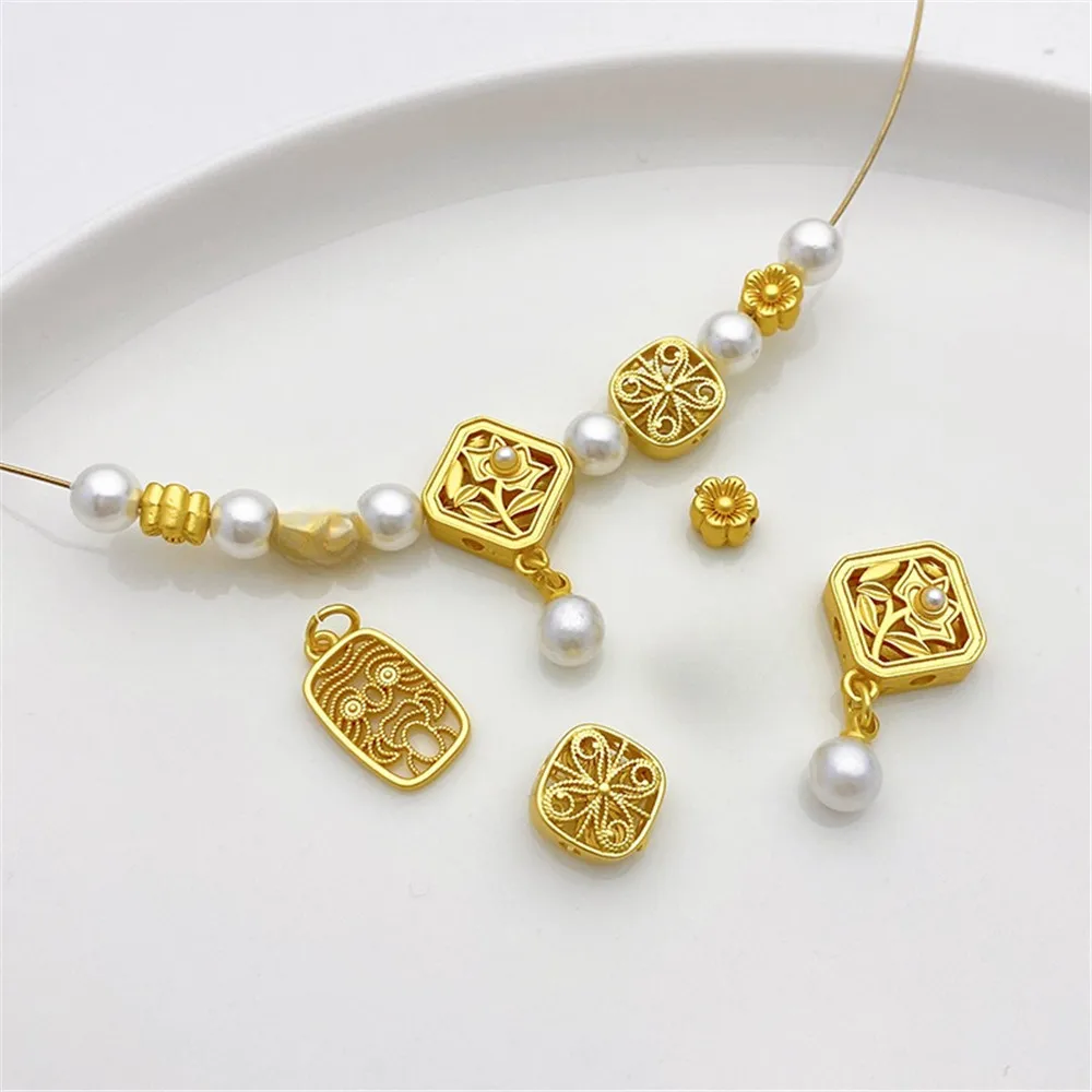 18K Gold Hollow Square Flower Bead Pendant DIY Bracelet Necklace Jewelry Material Accessories