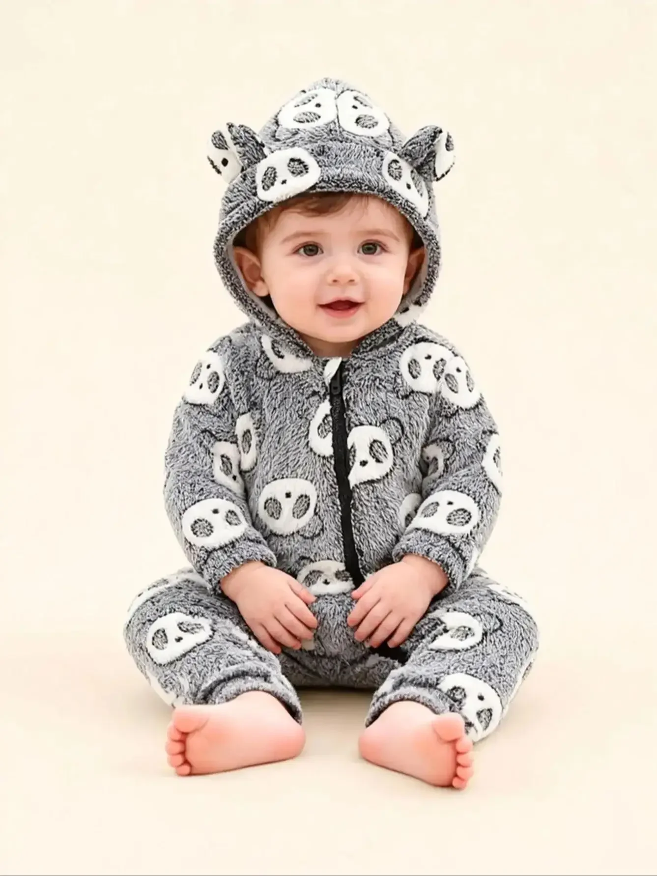 Baby-Jungen-Overall mit Cartoon-Aufdruck, Reißverschluss und Kapuze, langärmelig, modischer, süßer Strampleranzug mit langen Beinen für den Winter – Detail 1