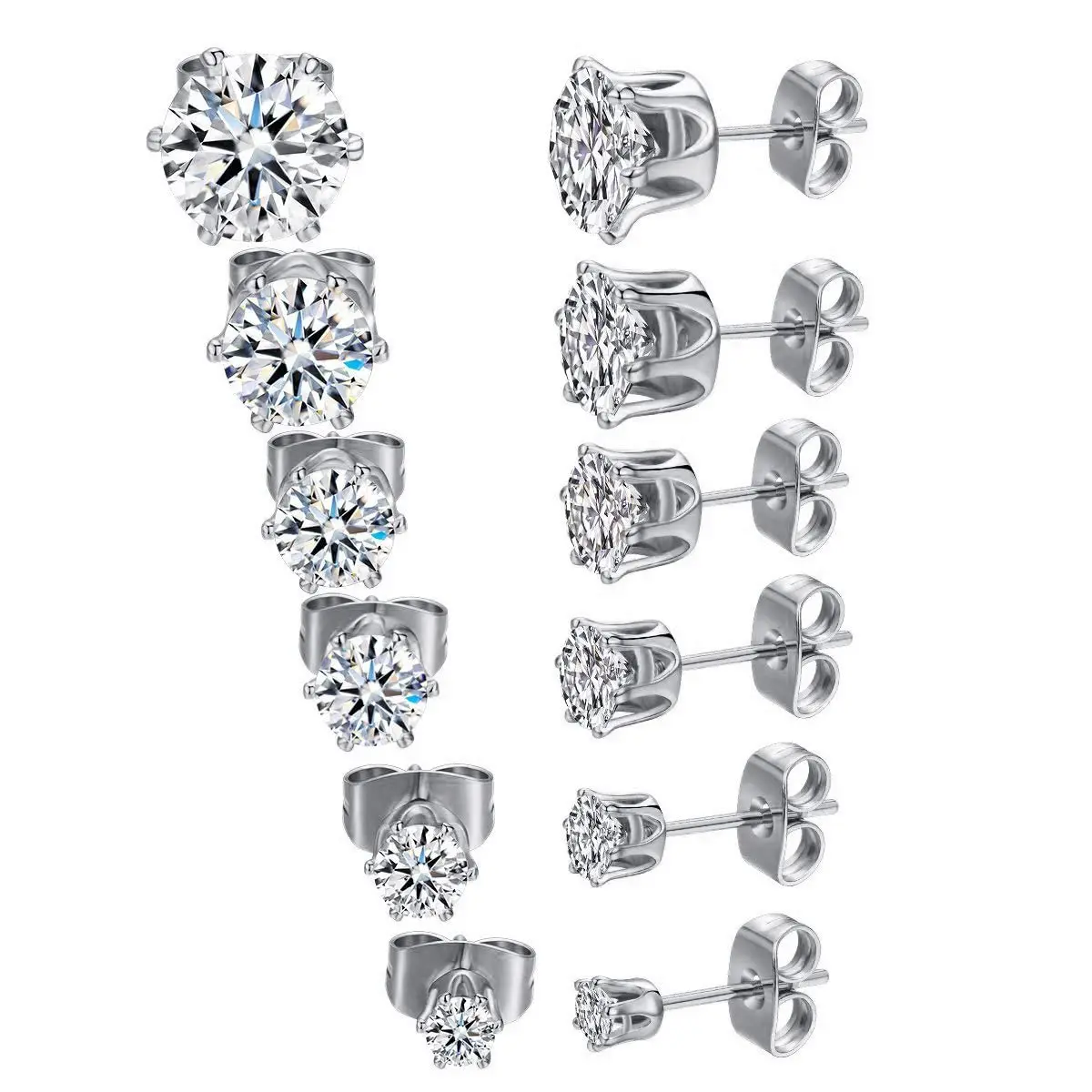 Pack of 6 Pairs 3-8mm Surgical Stainless Steel Black/18K Yellow/White Gold Plated Round Cubic Zirconia Stud Earrings Set