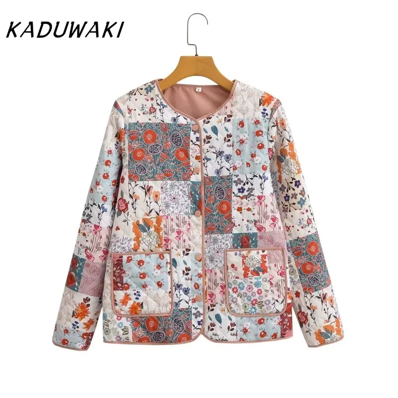 

KADUWAKI American Retro Autumn Women's Fashion Casual Slim Fit Parkas Versatile O Neck Button Pocket Printed Cotton Winter Coat