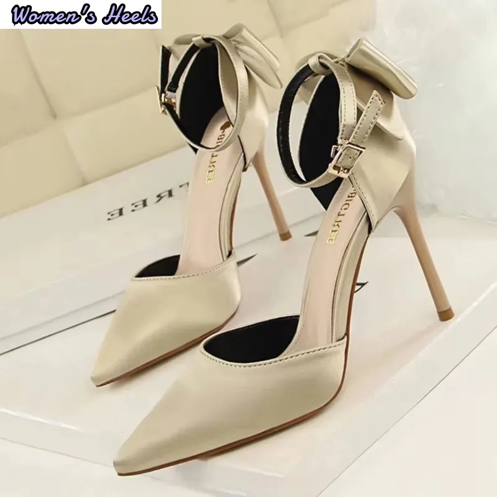 HMZ Bow Woman Pumps Silk High Heels Stiletto Wedding Shoes Shallow Mouthed Pointed Satin Straight Strap Sandals Sandals