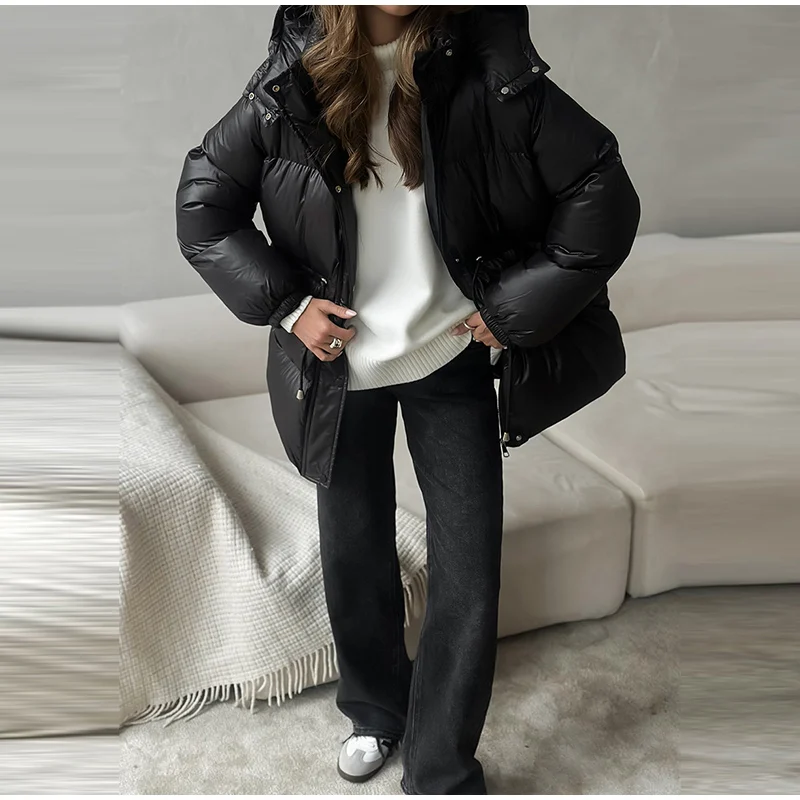 Women's Winter Jacket Hooded Drawstring Zipper Stand-Up Collar Lace Up Winter Jacket Female Loose Casual Chic Jackets For Ladies