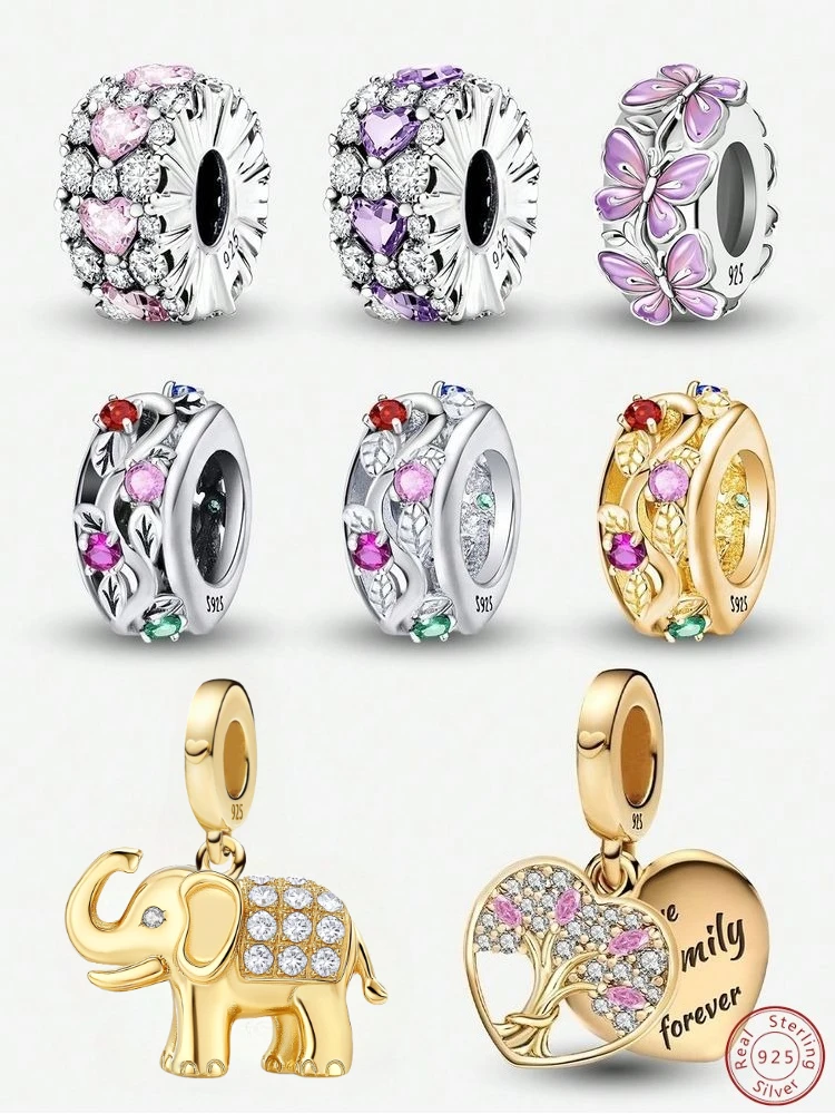 925 Sterling Silber Elefanten-Liebesherz Goldene Serie Charms Passend für DIY Armband Herstellung Geschenk Hochwertige Feine Schmuckstücke