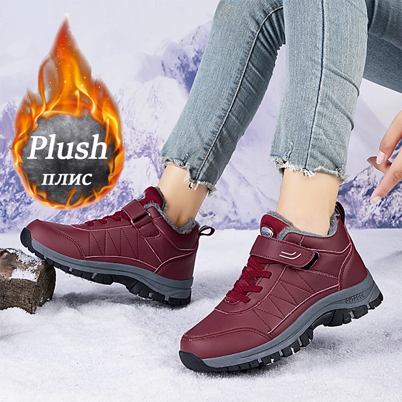 Brand Men Boots Waterproof Leather Boots Winter Male Plush Warm Sneakers Women Outdoor Non-slip Ankle Snow Boots Big Size 35-48