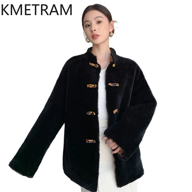 KMETRAM 100% صوف ميرينو طبيعي جلد الغنم مزدوج الوجه معطف فرو نسائي جديد على الطراز الصيني ملابس شتوية للنساء 2025 شبابانا نسائية