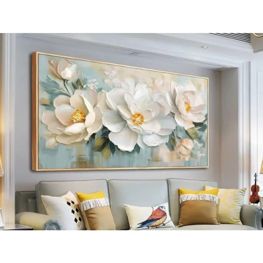 

Living Room Wall Art: 3D Textured White Flowers on Sage Canvas, 40x20, for Bedroom Dining Room Kitchen Home Office Decor