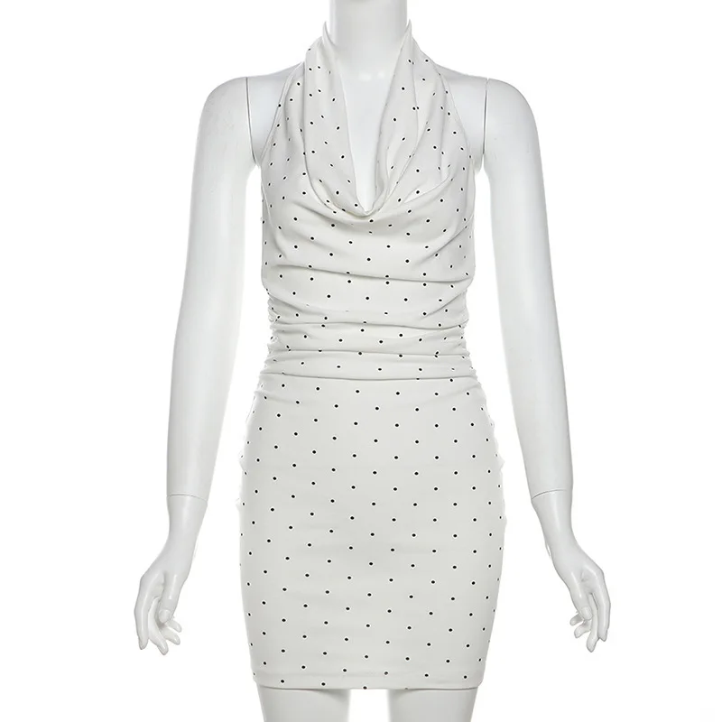 SylCue البولكا نقطة طباعة فستان قصير المرأة الرسن سوينغ طوق مثير قبالة الأكمام عارية الذراعين الحلو نمط موضة نحيل ملابس أنيقة