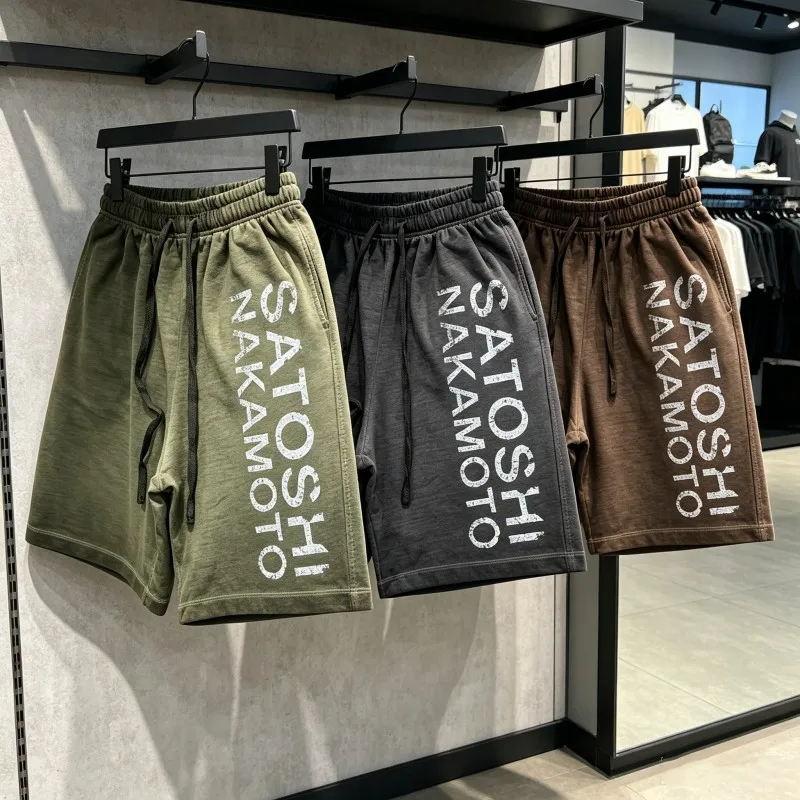 

Summer SATOSHI Shorts Vintage Distressed Washed Faded Classic Letter Print Drawstring Pants Hiphop Street Five Point Sweatpants