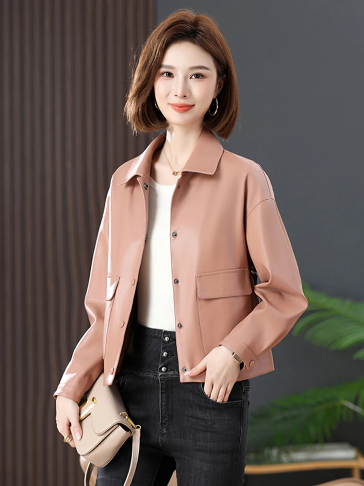 Real Leather Biker Jaet Women's ort eepskin Coat Autumn Winter New Sle Loose Fit Faionable Commuter Sle Coat
