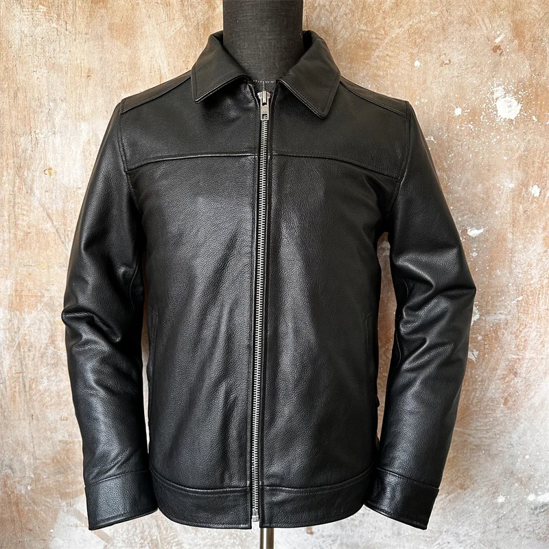 

Classic Pure Top Layer Cowhide Leather Jaet Men's Simple Casual ort Collar Bla Leather Jaet Coat Youth Vitali Sle