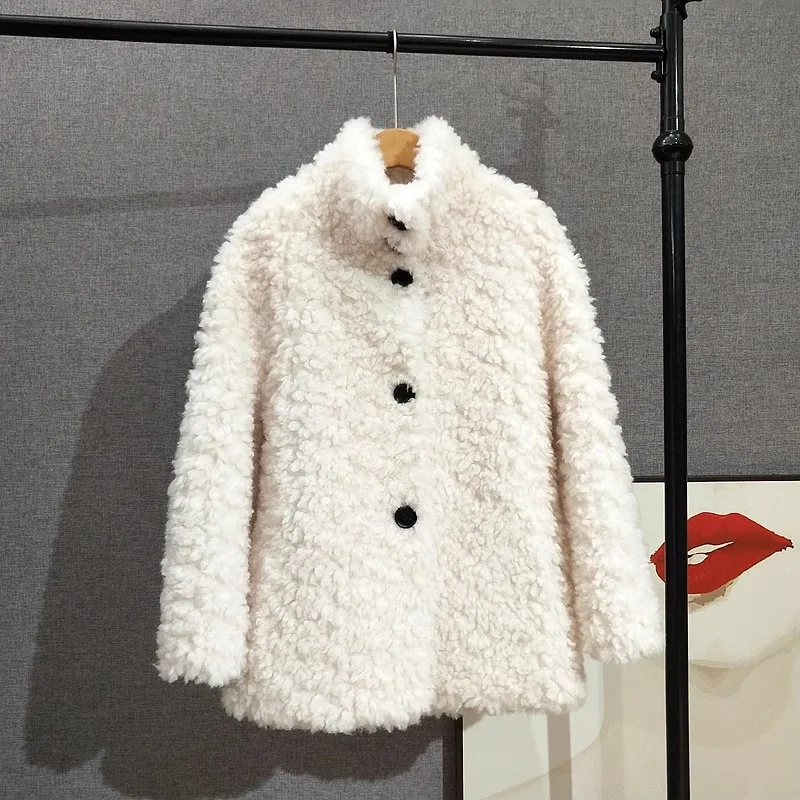 Abrigo de longitud media con cuello de lana auténtica para mujer, chaqueta de piel de oveja, Parka de invierno, PT417