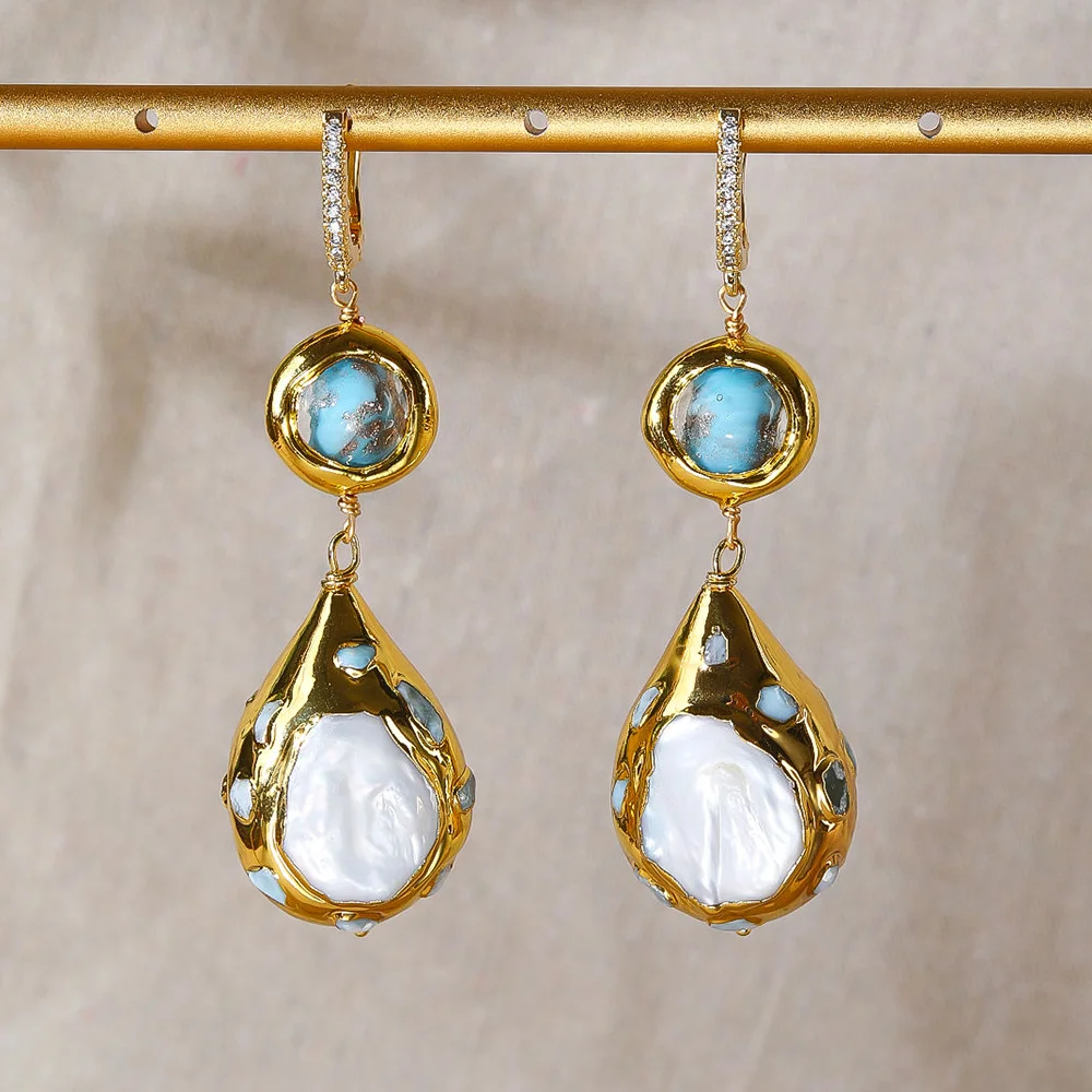 Natural Cultured White Pearl And Larimar Blue Murano Earrings Hand-Made Pendant Gemstone Jewelry for Party Daily Wear