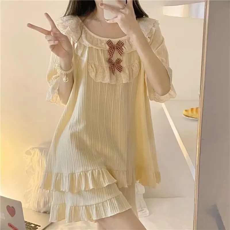 Women\'s Summer Pajamas Two-Piece Set Of Female New Princess Style Pajamas Bow Short-Sleeved Shorts Loose Casual Homewear