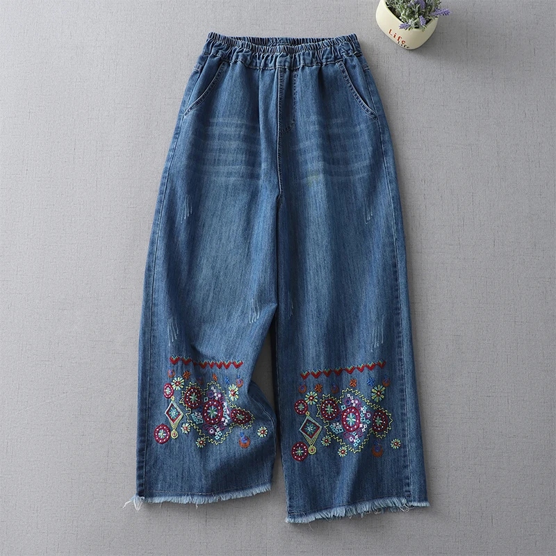 

2023 Summer New Design Vintage Ethnic Style Jeans Floral Embroidery Loose Casual Wide Leg Denim Pants High Waist Blue Trousers