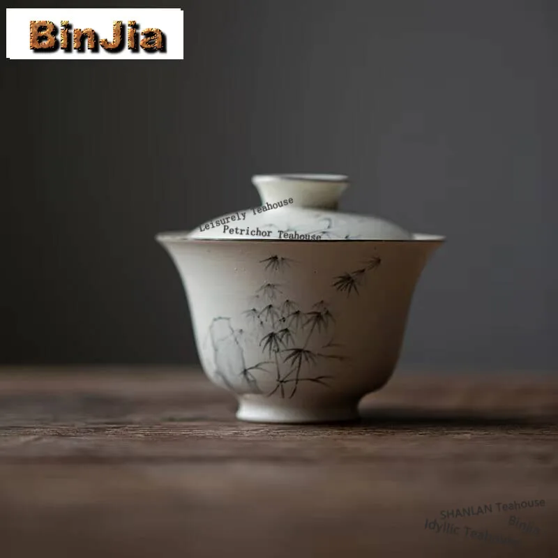 

120ml White Powder Yin Cover Bowl Household Handpainted Ink Bamboo Gaiwan Ancient Tea Tureen Anti Scald Tea Brewing Tea Gifts