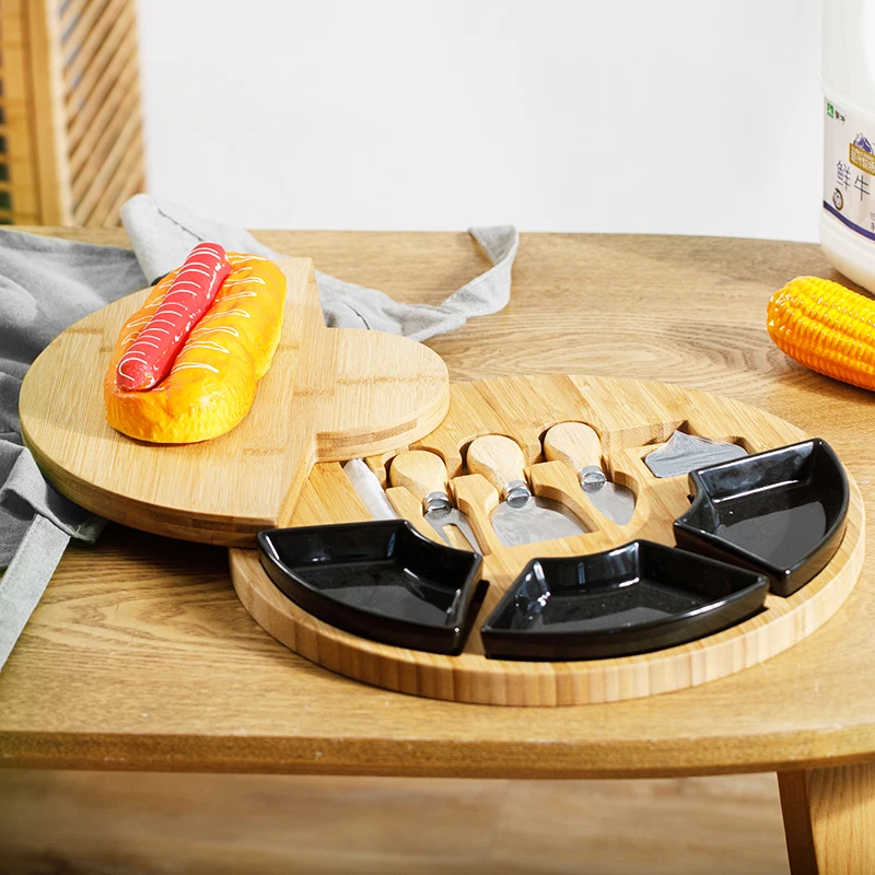 

Round cheese board, bamboo kitchen bread board, ceramic bowl with knife set