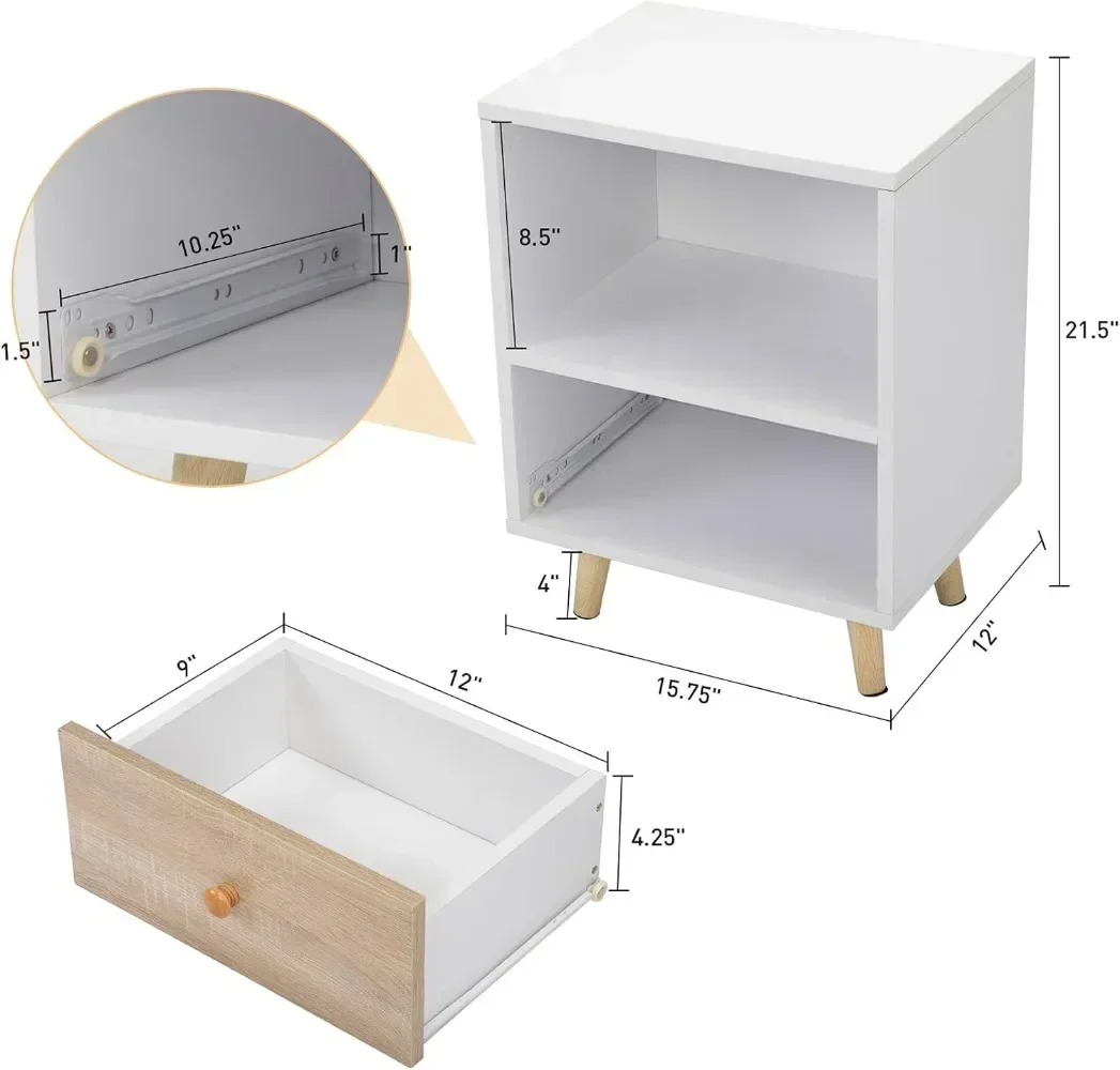 2 of Bedside Cupboard with 1 Drawer and Short Legs, End Table with Storing Shelf, Indoors