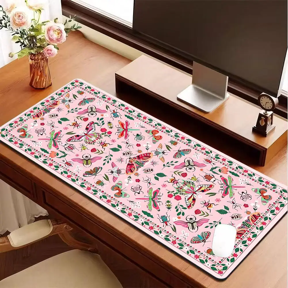 Large Extended Gaming Mouse Pad Floral and Butterfly Design Washable Non-Slip Rubber Desk Mat with Edging for Computer eSports