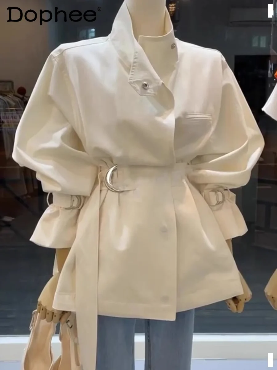 

American Retro Stand Collar Mid-Length Trench Coat for Women Spring and Autumn New Solid Color Waist Tight Long Sleeve Coat