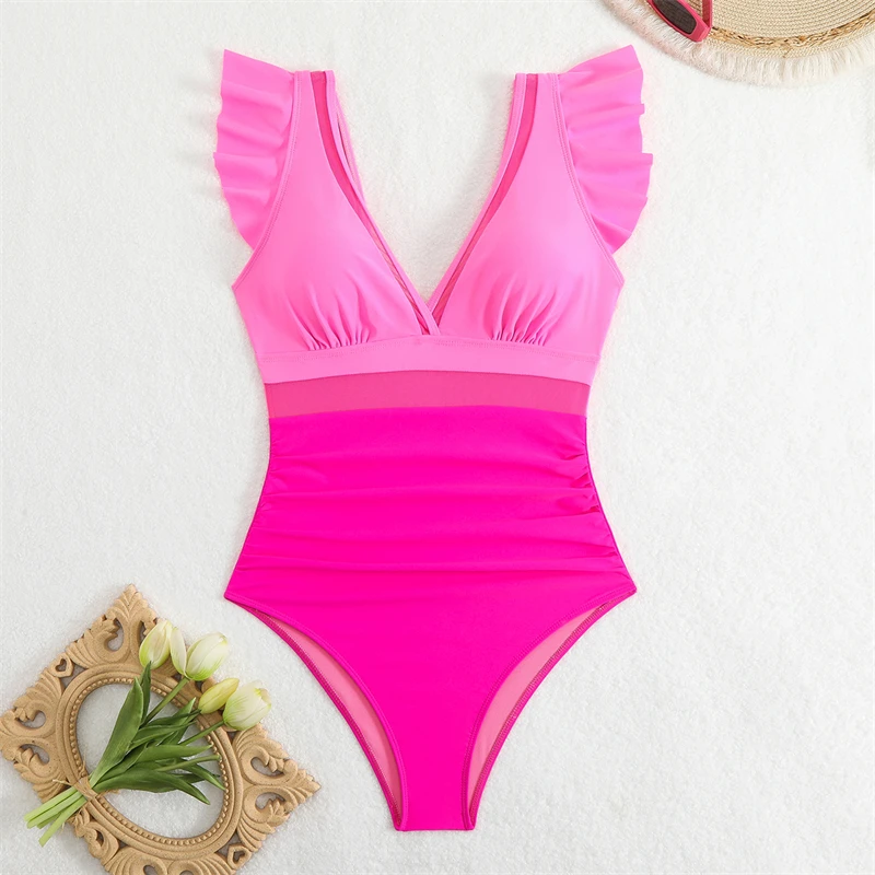 2025 Ruffled Sleeve Women's Swimsuit V-Neck Swimwear Lady Girls Bikini Sand Beach Bathing Suits S-XXL 6 colors