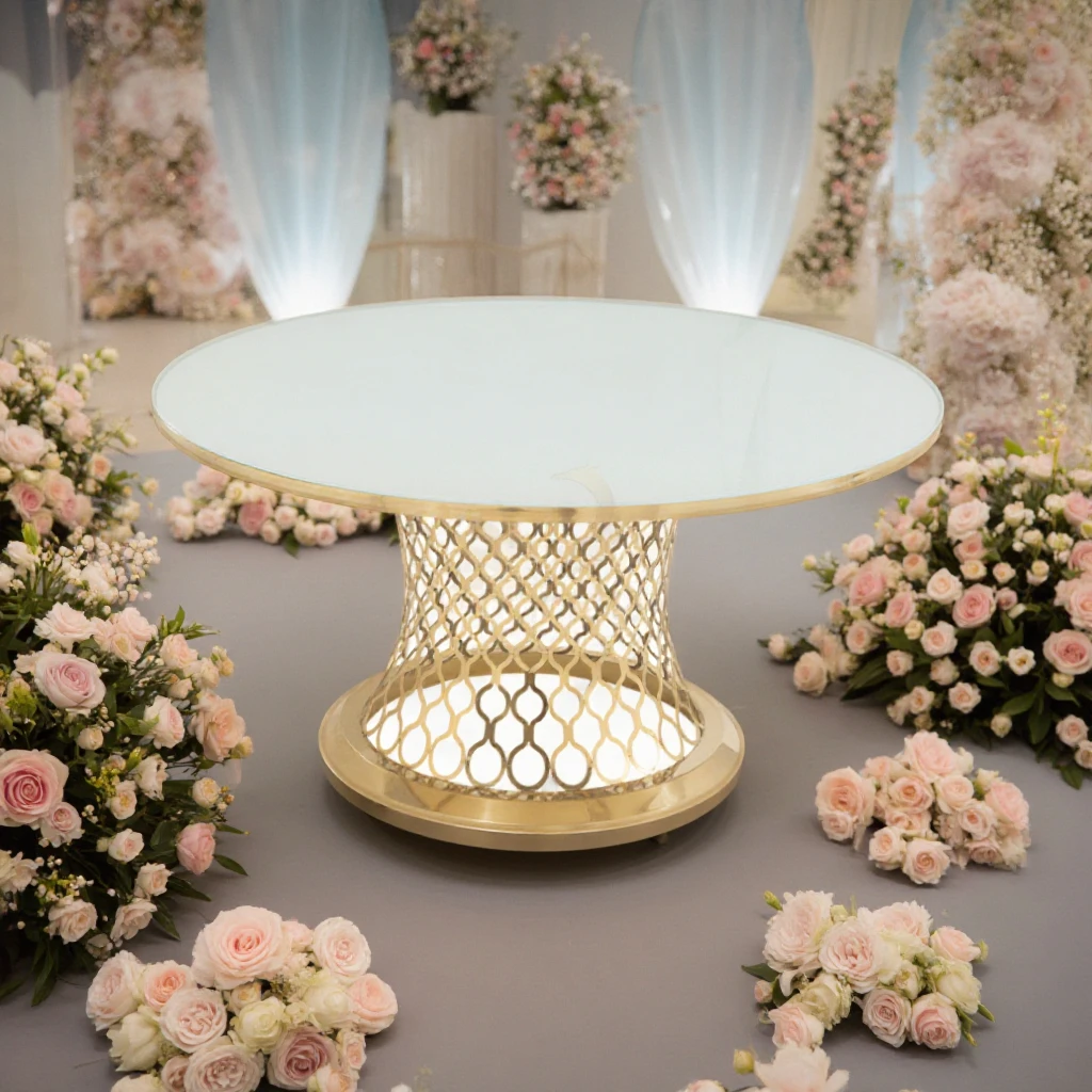 Wedding Reception Round Mirror Glass Top Stainless Steel Classic and Versatile Banquet Furniture China Tables and Chairs for