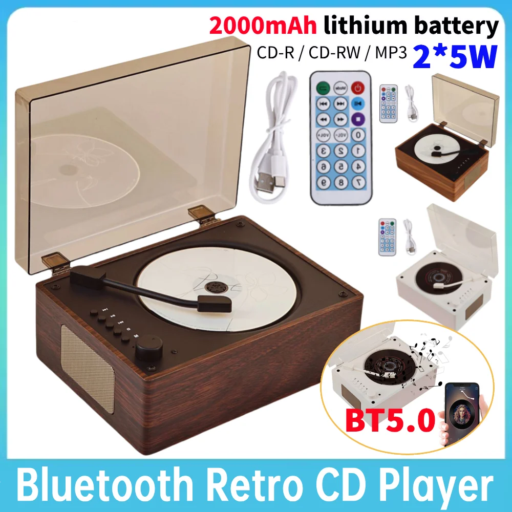 Desktop CD Player 2000mAh Rechargeable Infrared Remote Control Music Player BT5.0 Support CD BT USB 3.5mm AUX CD-R\CD-RW\MP3