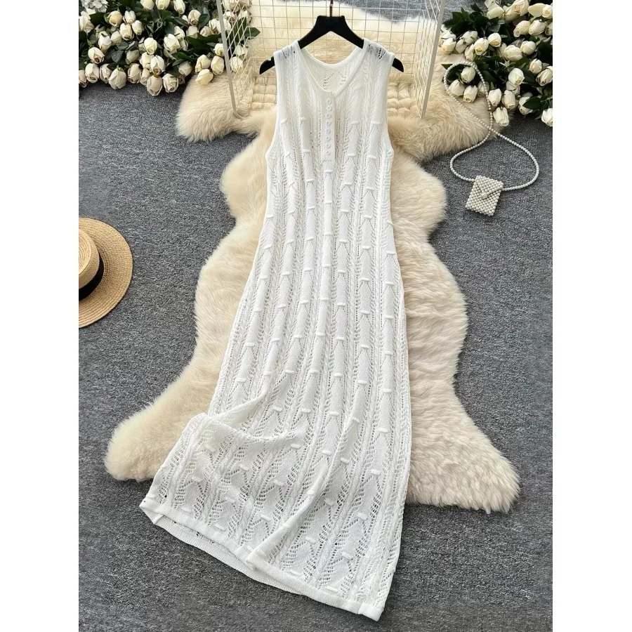 

Korean Style Gentle Hollow out Knitted Dress Women's Summer High-End round Neck Sleeveless Long Dress Commute Style Loose Fit