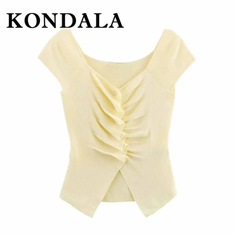 KONDALA Chic Sexy Summer Yellow Knit Woman Sweaters Fashion 2025 Vintage Slim Sheath Mujer Top V-Neck Elegant Pleated T-shirts