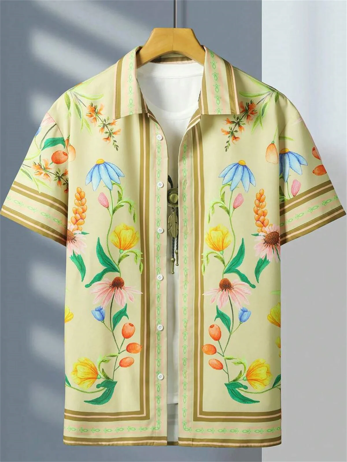 Camisa con estampado de flores para hombre, Tops de manga corta con solapa, estilo étnico tótem, informal, talla grande, novedad de 2024