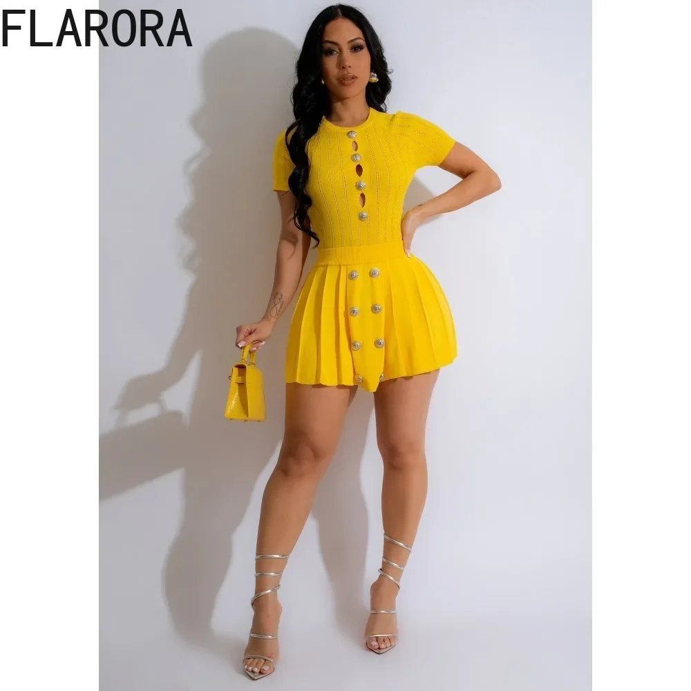 FLARORA Fashion Sweet Streetwear Woman Hollow Knitting Round Neck Short Sleeve Tops and Mini Pleated Skirts Two Piece Sets New