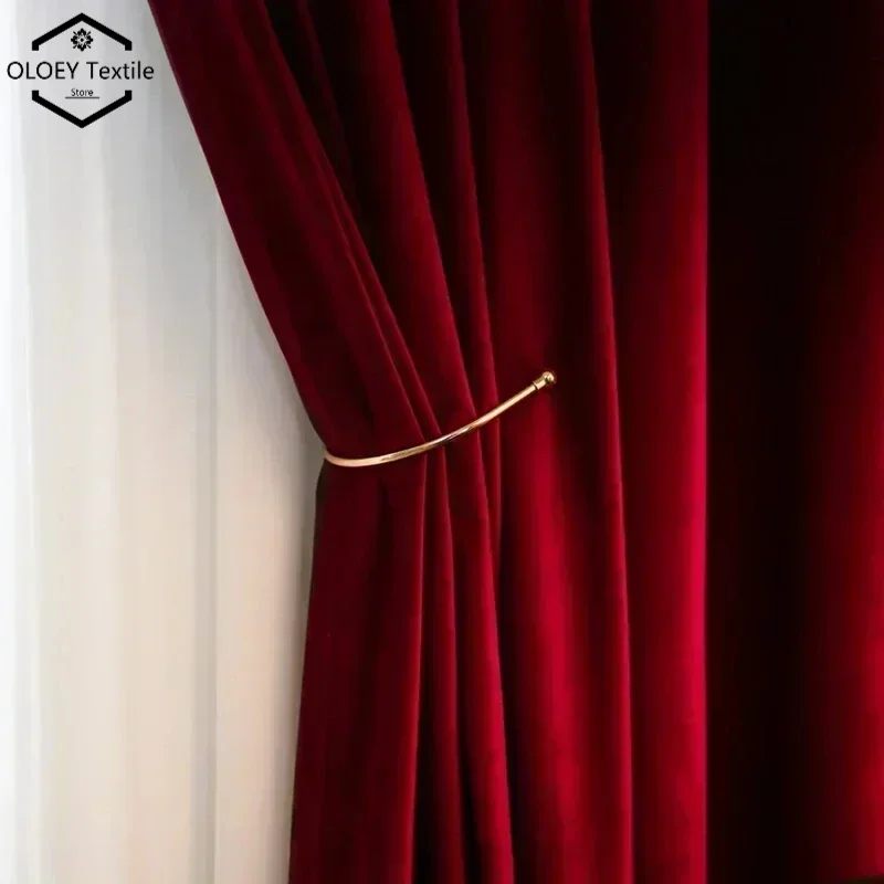 

Wine Red Velvet Curtains Luxury Post-modern European Simple Curtains for Living Dining Room Bedroom Custom Window Drapes