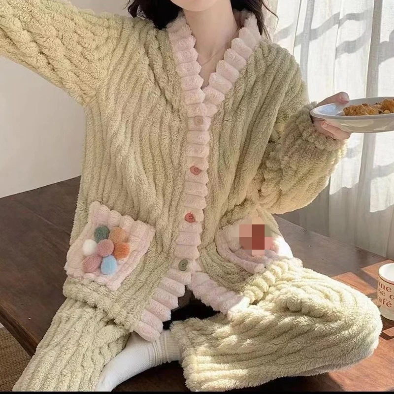 New Winter Cute Girls Pajama Sets Flannel Fleece Thicken Warm Women Homewear Coral Velvet Button Fly Sleepwear Cute 2Pcs Pajamas