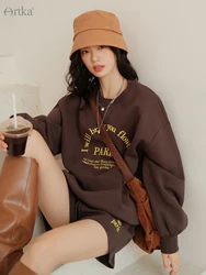 ARTKA 2022 Autumn New Women Suit Fashion Loose Hoodie Two Piece Set Letter Embroidery Sweatshirt High Waist Shorts Set ZA92033Q