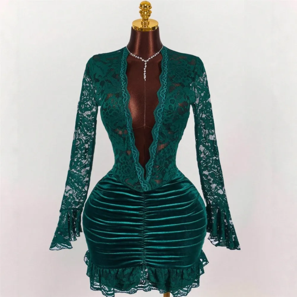 

Fashionable Long-sleeved Lace Splicing Dress Spring Summer New Women's Solid Color Pleated Sexy Deep V Hip dress Ropa Para Mujer