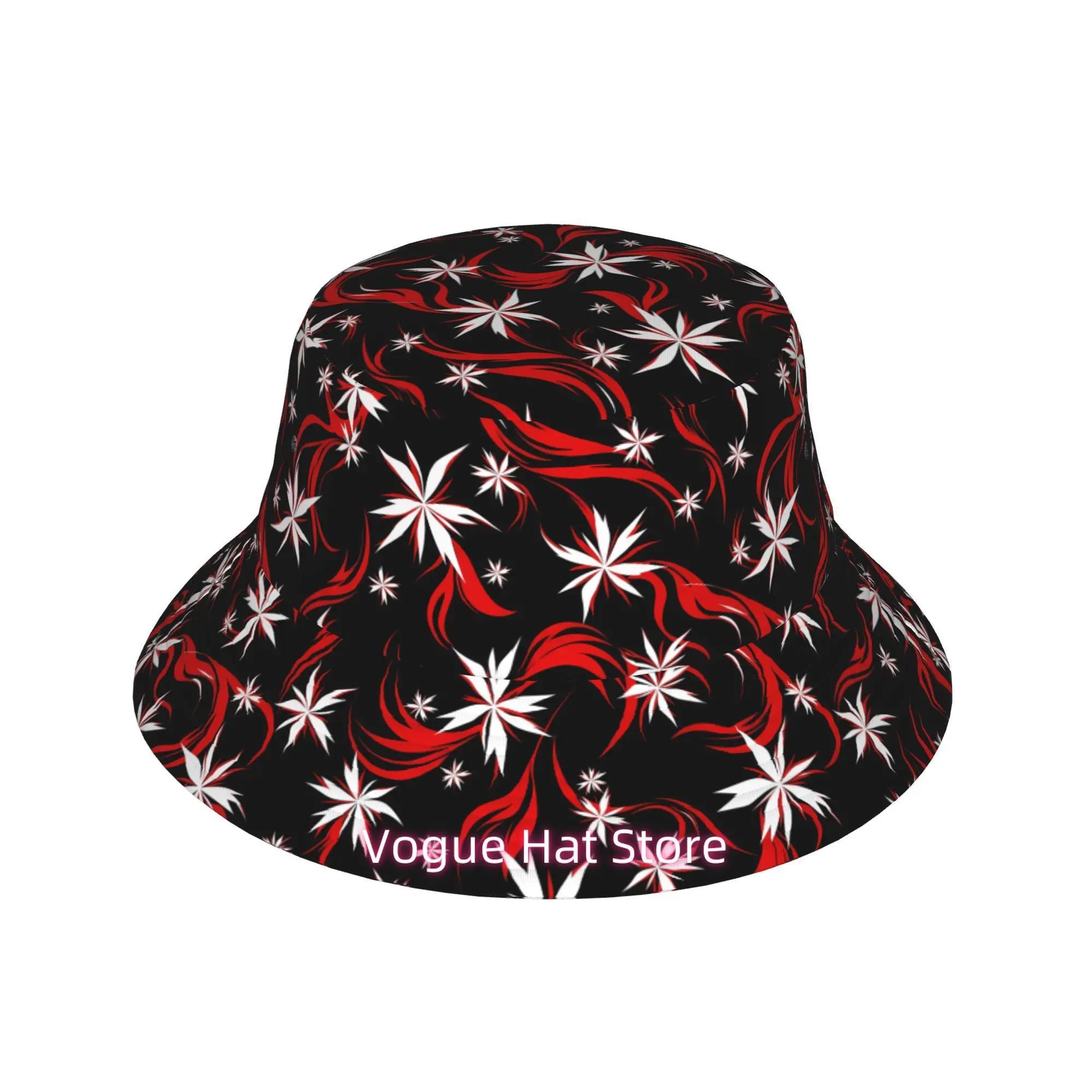 Red And White Floral Pattern on Black Background, Unisex All-Over Print Bucket Hat, Sun Hat for Men Women, Lightweight Adjustabl