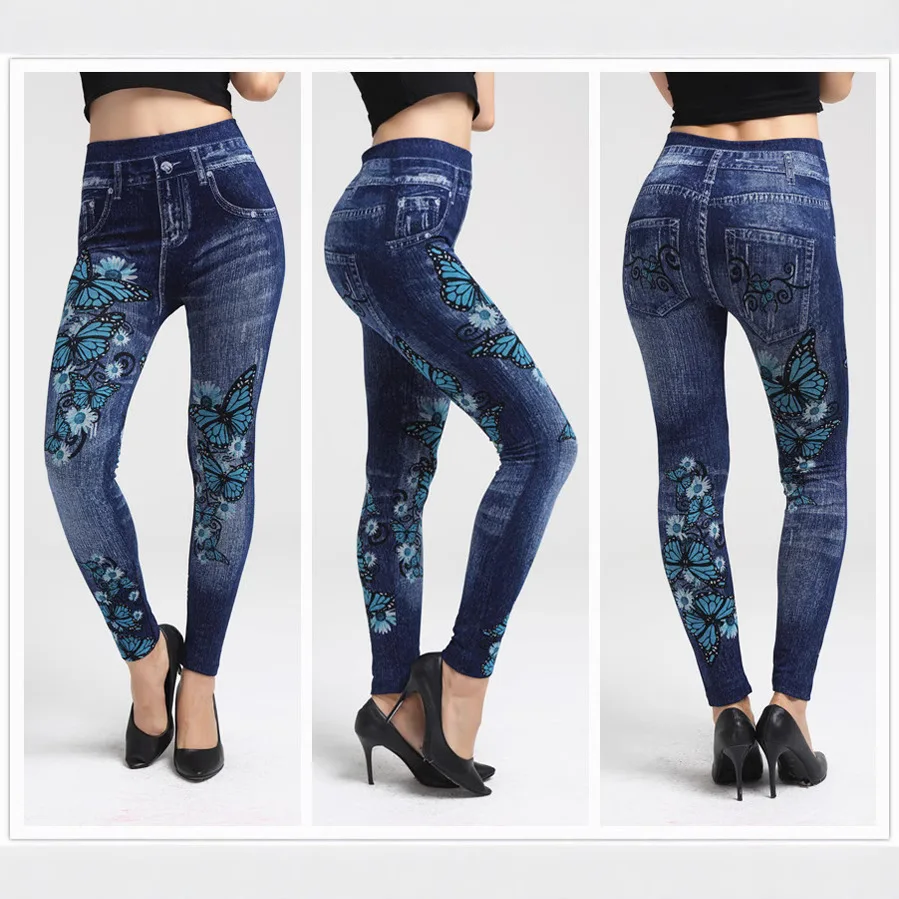 2025 new European and American integrated pants imitation denim leggings big butterfly super elastic hip-lifting leggings