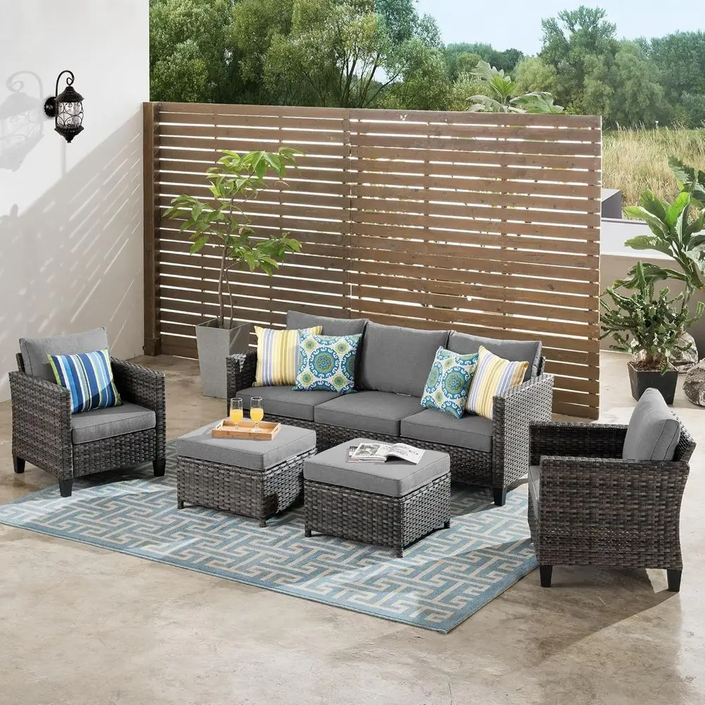 

5 Pieces Patio urniture Set, Outdoor Wicker Soa Couch with Chairs Comy Cushions, All Weather Grey Rattan Contion Set or Backyard