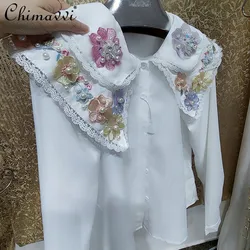 Camicia arruffata con fiore colorato di cristallo tridimensionale della linfa dell'industria pesante autunno camicetta a maniche lunghe dolce di nuova moda