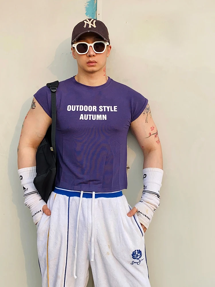 

Buddybody American Street Style round Neck Slim Fit Elastic Letter Print Sleeveless Fitness Tank Top Youth Summer Sport Vest