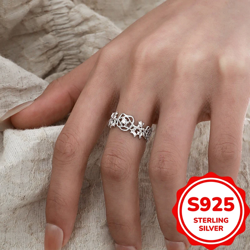 

S925 Sterling Silver Rose Ring Niche Elegant Classical Weaving Hollow Opening Ring Silver Jewelry