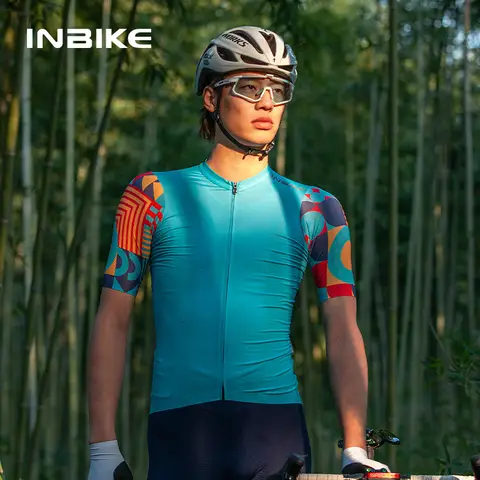 INBIKE 사이클링 저지 남성용 짧은 소매 자전거 셔츠 남성용 통기성 자전거 자전거 전체 지퍼 탑 포켓 포함