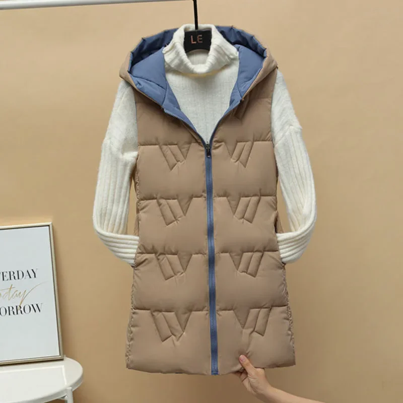 New Women\'s Reversible Down Cotton Vest Autumn Winter Long Outerwear Korean Hooded Parka Overcoat Female Casual Cotton Waistcoat