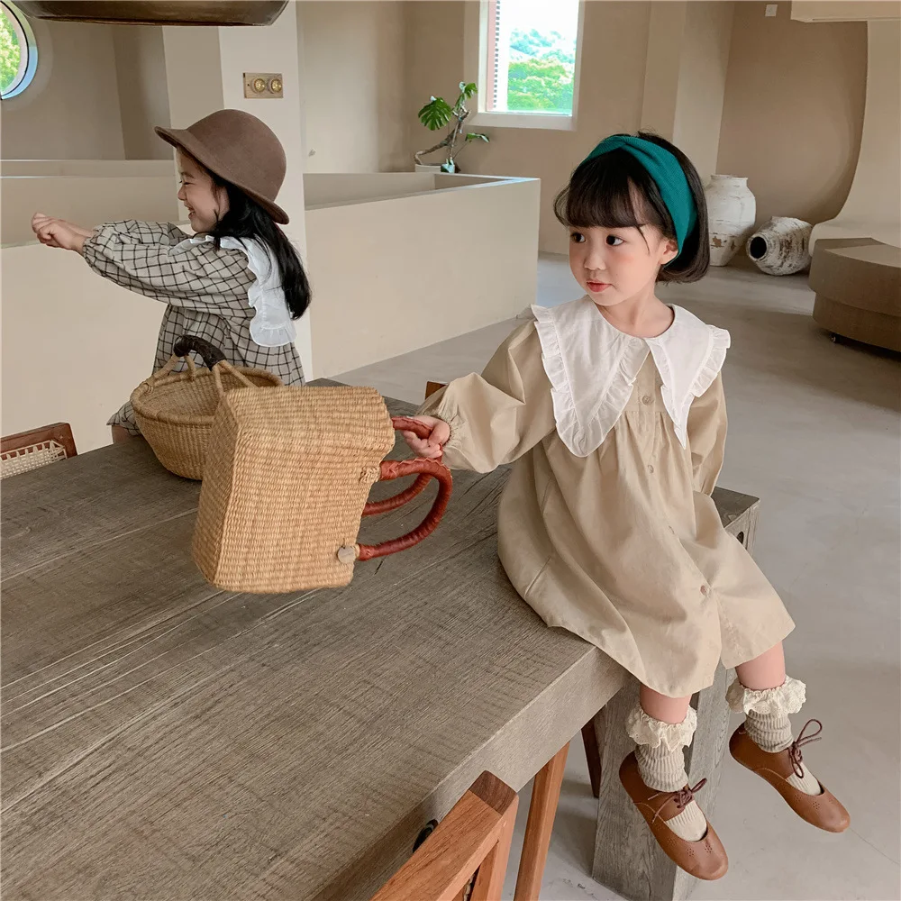 2024 autunno Baby Dress for Girls Clothes Casual Cotton Linen Kids Girl Dresses allentato Big Collar coreano Children Dress