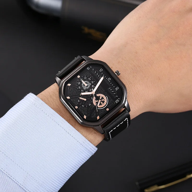 

PU Leather Strap Big Dial Square Sports Watch Men Quartz Watches Casual Alloy Dial Business Watch Cool Black Wristwatch for Man