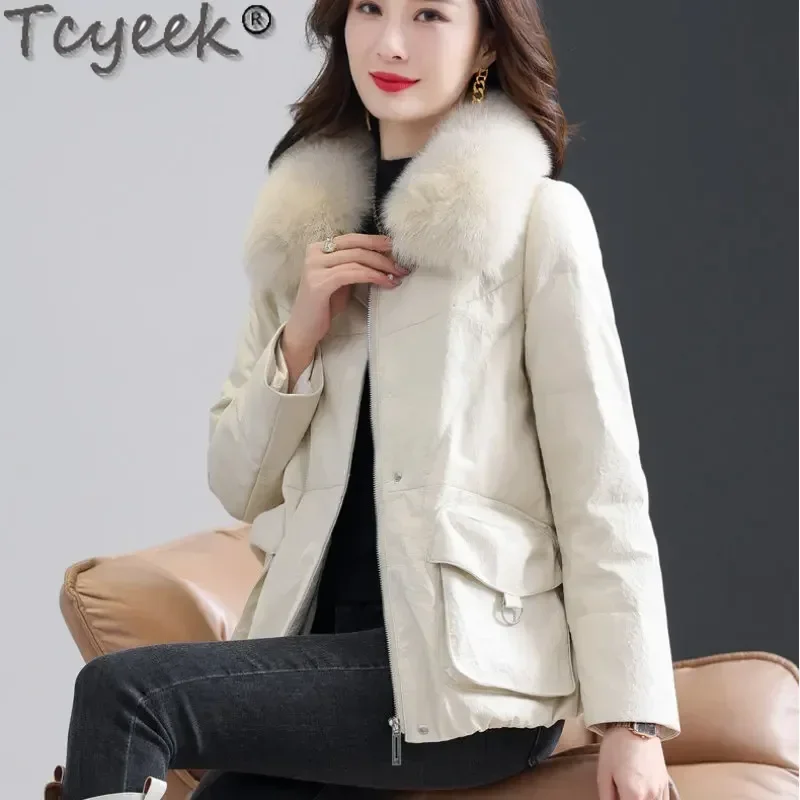 Tcyeek-Doudoune en cuir véritable pour femme, col en fourrure de renard naturel, manteau en peau de mouton chaud, vêtements d'hiver, mode